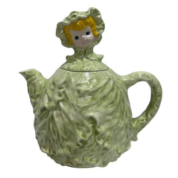 Vintage 90's Classy Cabbage Pixie Girl Hand Painted Teapot Lefton Cissy Green - Picture 1 of 8